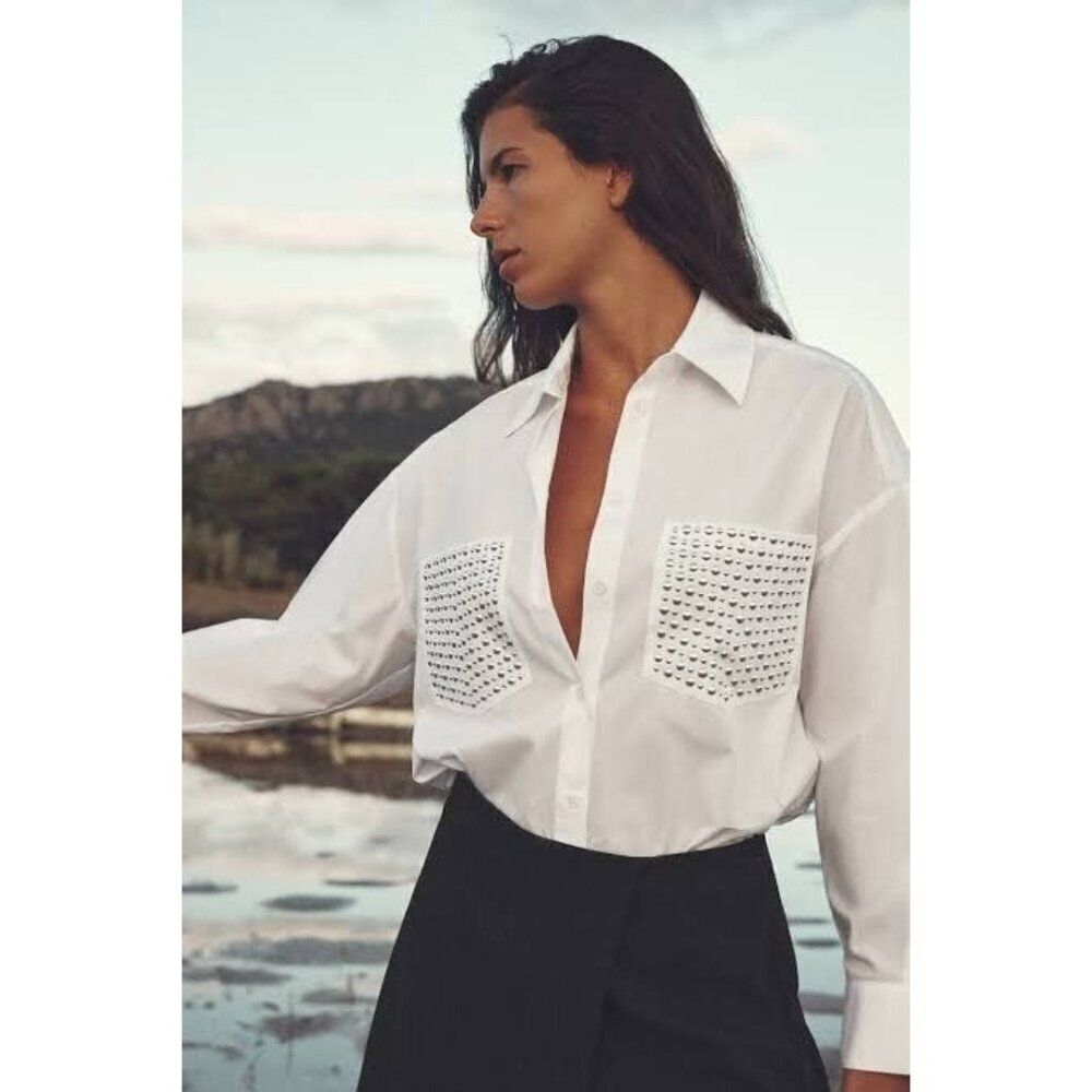 Zara Womens Top XS White Studded Poplin Button Up Shirt Long Sleeve 8443/255 NWT
